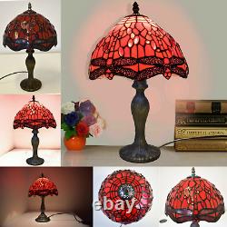Tiffany Style Antique Dragonfly Design Table Desk Lamp Stained Glass Red Shade