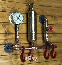 Urban Industrial Steampunk Coat Hook Vintage 1961 Fire Extinguisher, Winch Hooks