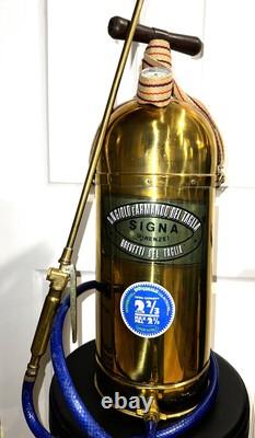 Vintage Signa Italian Brass Fire Extinguisher Original Box, Strap, Labels Italy